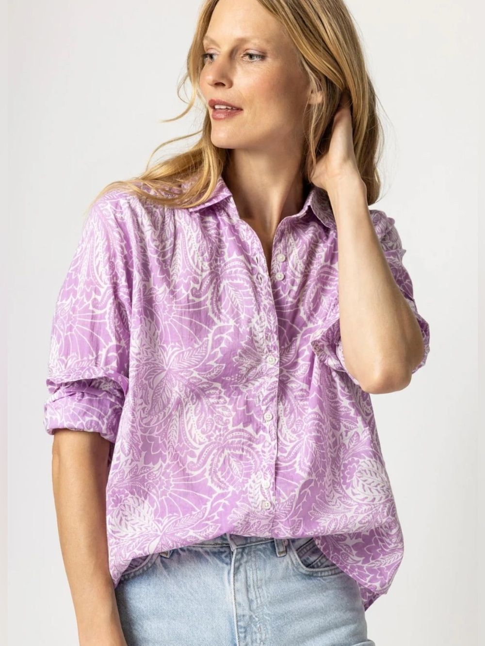 Lilla P VIOLET FLORAL LONG SLEEVE BUTTON DOWN Size XS